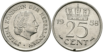 НИДЕРЛАНДЫ 25 ЦЕНТОВ 1958 ЮЛИАНА KM 183 никель 96-141