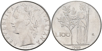 Италия 100 лир 1988 R, АФИНА У ОЛИВКОВОГО ДЕРЕВА KM 96.1 нержавеющая сталь 4572-941