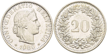 Швейцария 20 раппенов 1980 KM 29а медно-никель 4544-326