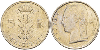 БЕЛЬГИЯ 5 ФРАНКОВ 1976 BELGIQUE, БОДУЭН I (1951-1993) KM 134.1 медно-никель 4546-326