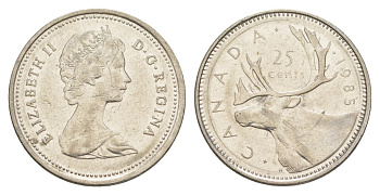Канада 25 центов 1985 Елизавета II (1952-2022), олень KM 74 никель 4631-634