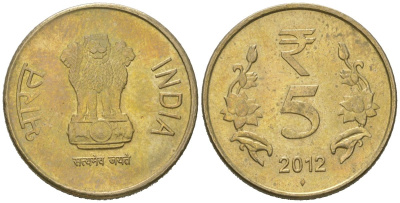 Индия 5 рупий 2012 "ромб" - Мумбаи KM 399 никель латунь aUNC 4616-1245