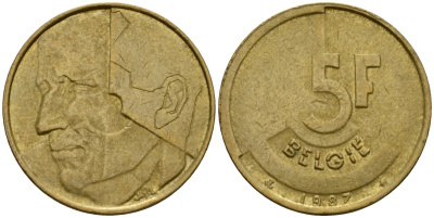Бельгия 5 франков 1987 Belgie, Бодуэн I (1951-1993) KM 164 алюминиевая бронза 4601-312