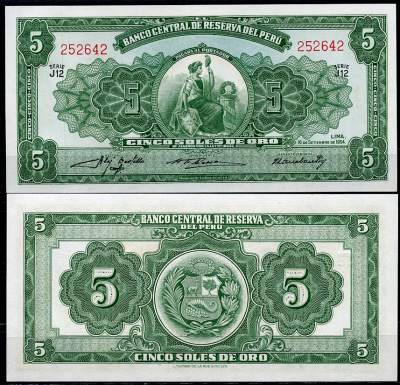 Перу 5 солей 1954 сидящая свобода, Thomas de la Rue Pick 70 a  бумага  UNC (пресс) 7202-29-2