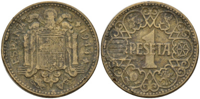 Испания 1 песета 1944 национальное правительство (1939 - 1947) KM 767 алюминиевая бронза 4155-257