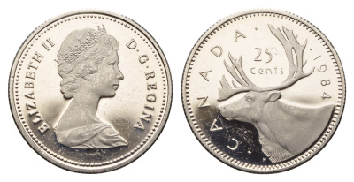 Канада 25 центов 1984 Елизавета II (1952-2022), олень KM 74 никель PROOF 413-4241