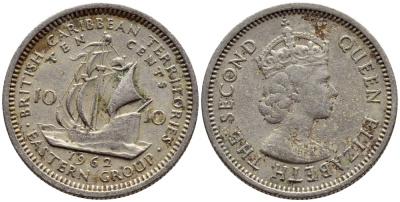 Британские Восточно-Карибские территории 10 центов 1962 Елизавета II (1952-2022), парусник KM 5 медно-никель 4387-1011