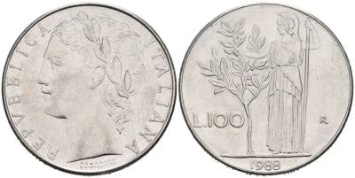 Италия 100 лир 1988 R, АФИНА У ОЛИВКОВОГО ДЕРЕВА KM 96.1 нержавеющая сталь 4572-941