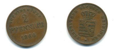САКСЕН-МАЙНИНГЕН 2 ПФЕННИГА 1860 KM 171 медь 54-921