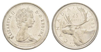 Канада 25 центов 1985 Елизавета II (1952-2022), олень KM 74 никель 4631-634