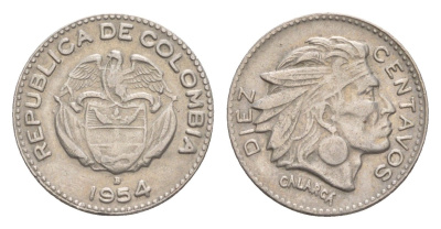 Колумбия 10 сентаво 1954 KM 212 медно-никель 4651-941