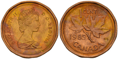 Канада 1 цент 1985 Елизавета II (1952-2022), кленовый лист KM 132 бронза 4189-911