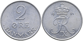 Дания 2 эре 1971 C; S, Фредерик IX (1947-1972) KM 840.2 цинк UNC 28-1047
