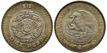 Мексика 10 песо 1998 Мо, бог Тонатиуха с огненной маской KM 616 биметалл XF 215-1024