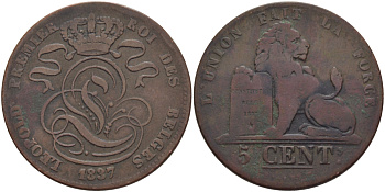 БЕЛЬГИЯ 5 САНТИМОВ 1837 BELGES KM 5.1 медь 28-256
