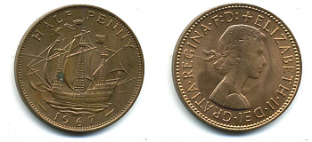 Великобритания 1/2 пенни 1967 Елизавета II (1952-2022) KM 896, Spink 4158 бронза 41-913