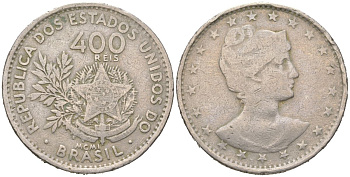 Бразилия 400 реалов 1901 MCMI, голова свободы вправо KM 505 медно-никель 4612-513