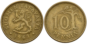 Финляндия 10 пенни 1963 KM 46 алюминиевая бронза 4602-264