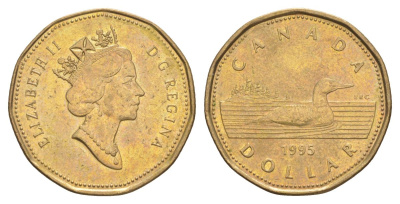 Канада 1 доллар 1995 Елизавета II (1952-2022), утка KM 186 никель плакированный позолоченной бронзой 4631-812