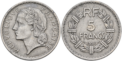 Франция 5 франков 1950  KM 888b.1 алюминий    4149-446