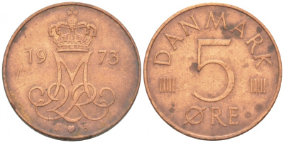 Дания 5 эре 1973 S; B, Маргрете II (1972- ) KM 859.1 железо плакированное медью 3309-121