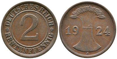 ГЕРМАНИЯ 2 РЕНТЕНПФЕННИГА 1924 J KM 31, J. 307 бронза 24-652