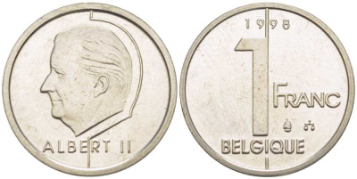 БЕЛЬГИЯ 1 ФРАНК 1998 BELGIQUE, АЛЬБЕРТ II (1993-) KM 187 железо плакированное никелем 3851-1158