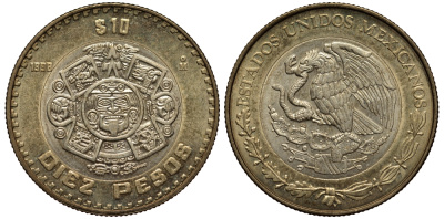 Мексика 10 песо 1998 Мо, бог Тонатиуха с огненной маской KM 616 биметалл XF 215-1024