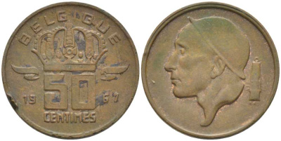 БЕЛЬГИЯ 50 САНТИМОВ 1967 BELGIQUE, БОДУЭН I (1951-1993) KM 148.1 бронза 116-1026