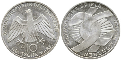 ФРГ 10 марок 1972 G, XX летние Олимпийские игры 1972 года в Мюнхене, символика KM 131, J.402 серебро UNC 443-343