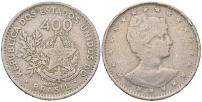 Бразилия 400 реалов 1901 MCMI, голова свободы вправо KM 505 медно-никель 4612-513