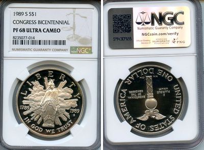 США 1 доллар 1989 S, 200 лет конгрессу США, в слабе NGC сохранность PF 68 ULTRA CAMEO KM 225 серебро  PROOF  15-012-06