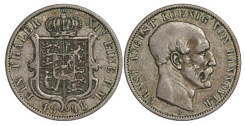 Брауншвейг-Каленберг-Ганновер 1 талер 1848 B, Эрнст Август (1837-1851) KM 208, AKS 107, Dav. 675, Kahnt 234, Thun 167 серебро 00-822-54