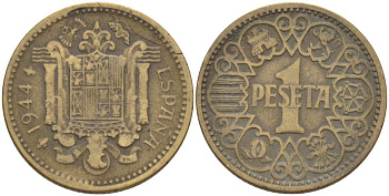 ИСПАНИЯ 1 ПЕСЕТА 1944 НАЦИОНАЛЬНОЕ ПРАВИТЕЛЬСТВО (1939-1947) KM 767 алюминиевая бронза 4523-851