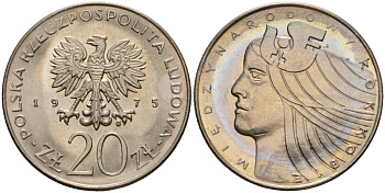 Польша 20 злотых 1975 MW, Международный год женщины KM 75, Parchimowicz 248 медно-никель UNC 97-425