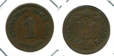 ГЕРМАНИЯ 1 ПФЕННИГ 1905 F KM 10, J.10 медь 701-234
