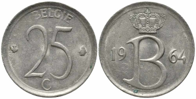 Бельгия 25 сантимов 1964 Belgie, Бодуэн I (1951-1993) KM 154.1 медно-никель 112-441