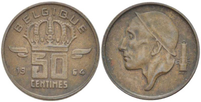 БЕЛЬГИЯ 50 САНТИМОВ 1964 BELGIQUE, БОДУЭН I (1951-1993) KM 148.1 бронза 214-452