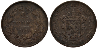 ЛЮКСЕМБУРГ 2 1/2 САНТИМА 1870 u, ГЕРЦОГ ВИЛЛЕМ III НИДЕРЛАНДСКИЙ (1849-1890), МОНДВОР УТРЕХТ, С ТОЧКОЙ НАД BARTH НА РЕВЕРСЕ КМ 21 бронза 4538-753