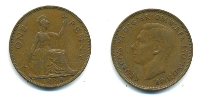 Великобритания 1 пенни 1938 Георг VI (1936-1952) KM 845, Spink 4114 бронза 540-635