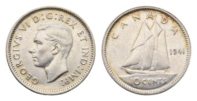 Канада 10 центов 1941 Георг VI (1936-1952), парусник KM 34 серебро 75-1652