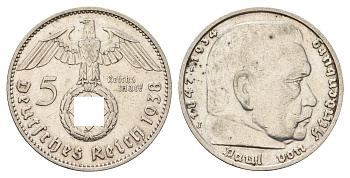Германия 5 рейхсмарок 1938 J, Пауль фон Гинденбург (1847-1934) KM 94, J. 367 серебро 1518-1644