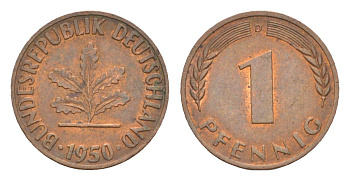 ФРГ 1 пфенниг 1950 D KM 105, J.380 сталь плакированная медью aUNC 4630-814