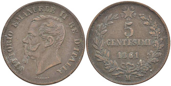 ИТАЛИЯ 5 ЧЕНТЕЗИМО 1861 М, МОНДВОР МИЛАН, ВИКТОР ЭММАНУИЛ II (1861-1878) KM 3.2 медь 4182-1251