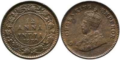 Британская Индия 1/12 анна 1930 Георг V (1910-1936) KM 509 бронза 08-1419