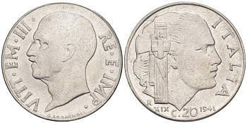 ИТАЛИЯ 20 ЧЕНТЕЗИМО 1941 R, ГОД XIX, ВИКТОР ЭММАНУИЛ III (1900-1946) KM 75b, VEM3. 1028 нержавеющая сталь 3853-1035