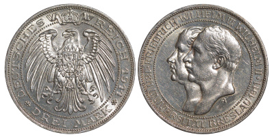 Пруссия 3 марки 1911 A, Университет Бреслау Weege 108, J. 108, KM 531 серебро 413-4111
