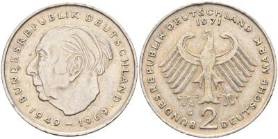 ФРГ 2 марки 1971 C , Теодор Хойс, 20 лет Федеративной Республике (1949-1969) KM A127, J. 407 медно-никель плакированный никелем 4139-136