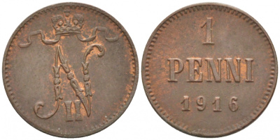РОССИЯ ДЛЯ ФИНЛЯНДИИ 1 ПЕННИ 1916 НИКОЛАЙ II (1895-1917) KM 13, Биткин 476 медь 211-1042