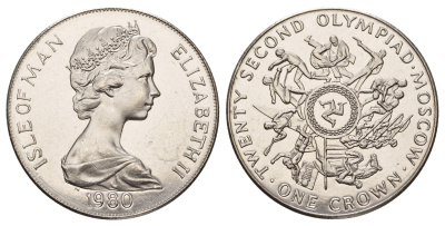 Остров Мэн 1 крона 1980 XXII летние Олимпийские Игры, Москва 1980, борцы вверху монеты KM 67 медно-никель BU 4558-522